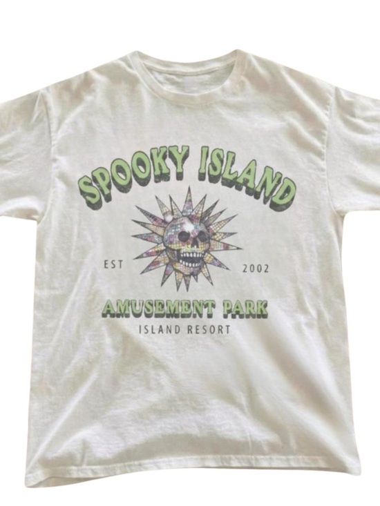 Gildan Tops - Gildan White Spooky Island Amusement Park Graphic Tee, Halloween Shirt